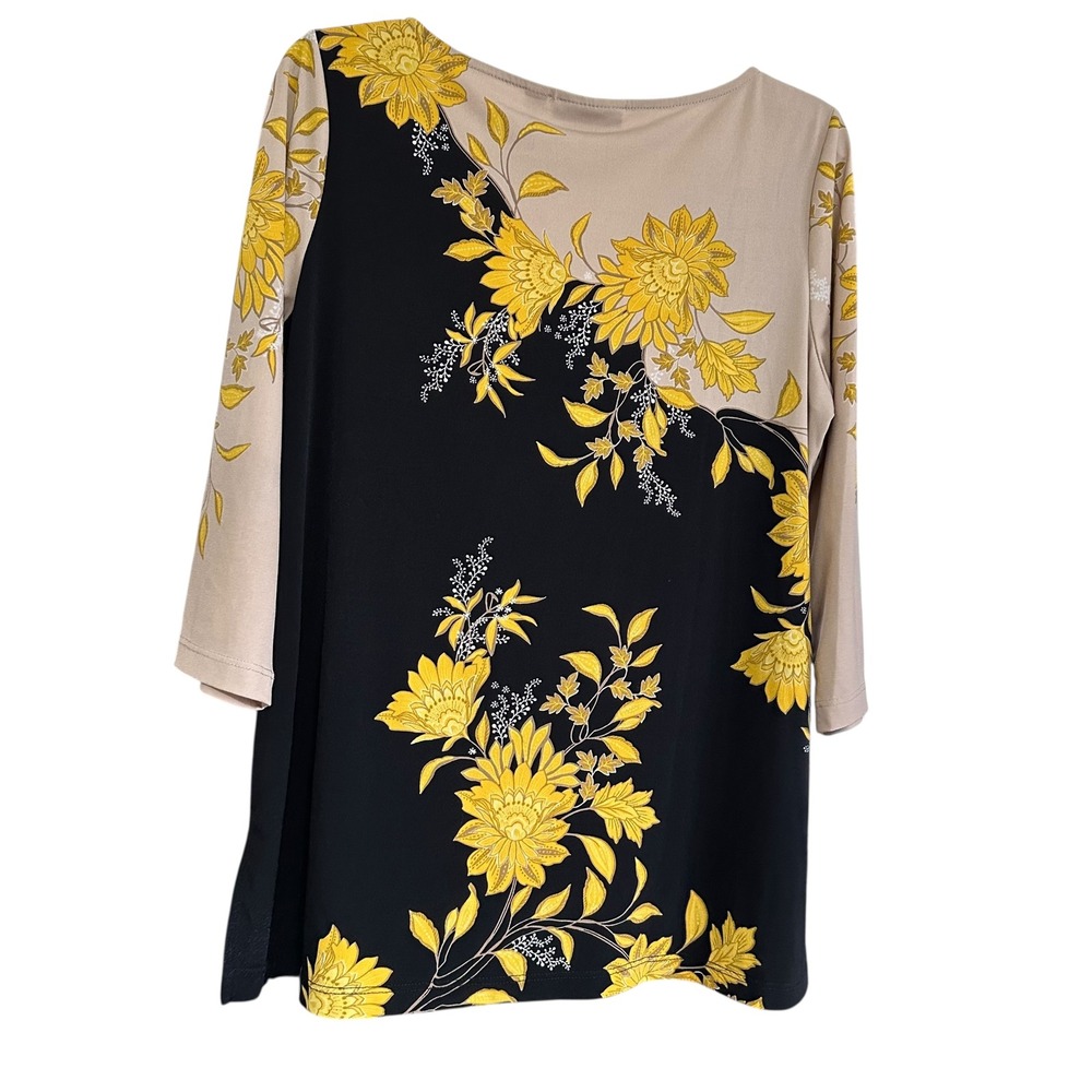 Susan Graver Liquid Knit Beige Black Gold Floral Print 3/4 Sleeve Tunic Top Sz M